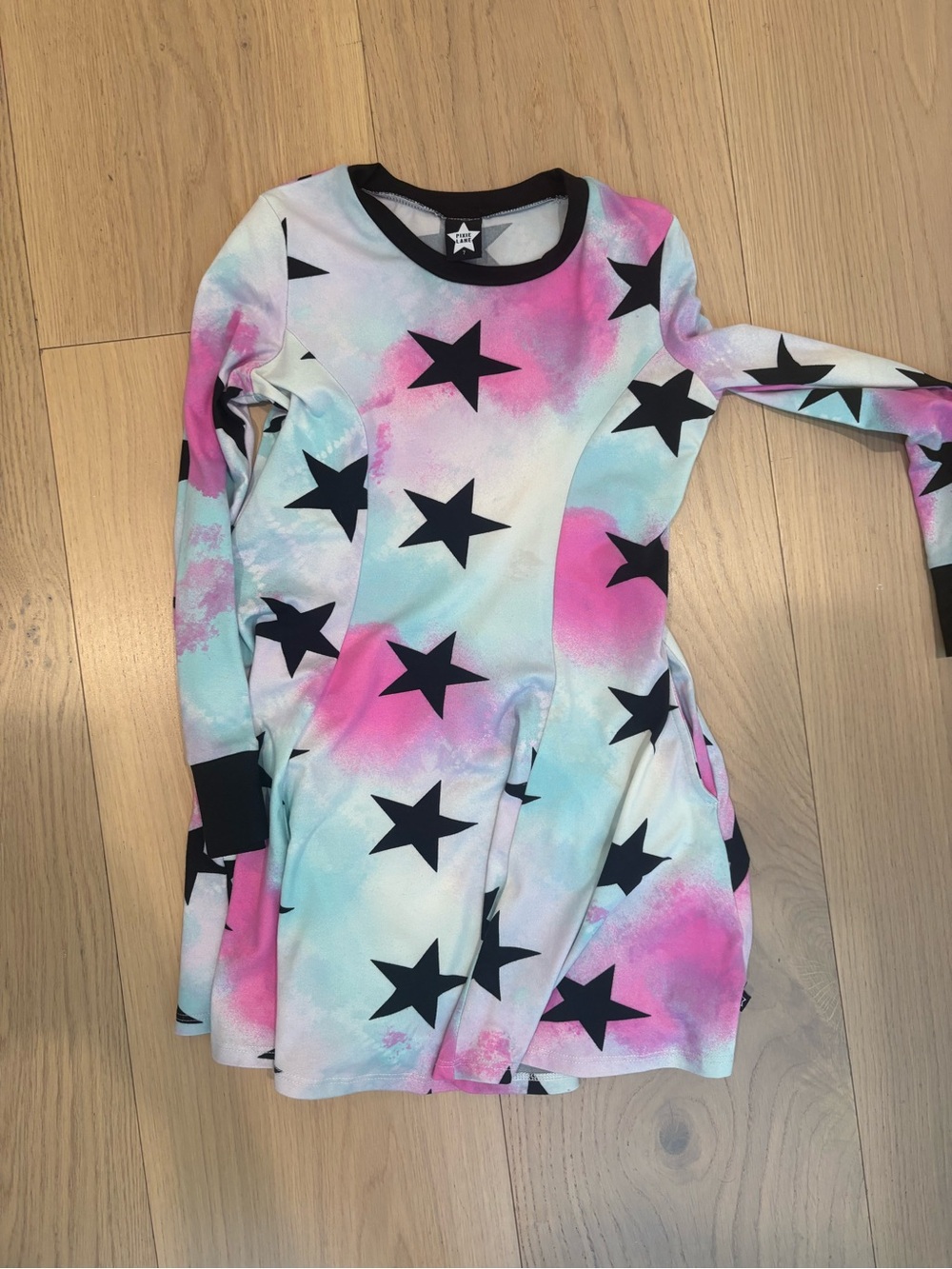 Kids Star Paint-Splash Long Sleeve Dress - Black Stars on Pink & Blue